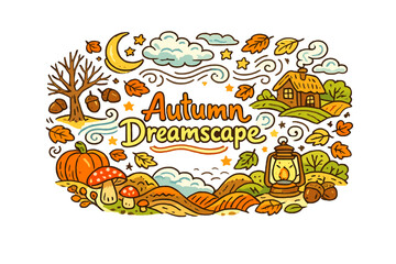 Fototapeta premium Autumn Dreamscape. Hand-drawn doodle illustration of Autumn Dreamscape. Falling leaves, pumpkin, crescent moon