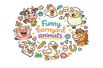 Obraz premium Funny barnyard animals. Hand drawn illustration of Funny barnyard animals. goofy cow face, laughing pig, silly