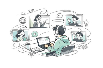 Remote Education Concept. A student connected to a virtual classroom, teacher and classmates appearing as