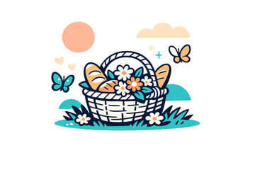 Fototapeta premium Cottagecore spring morning. A wicker basket filled with bread and flowers resting on green grass, butterflies