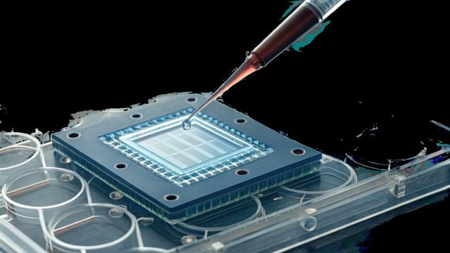 Close-Up of DNA Sample on Chip with Syringe for Transcription Analysis