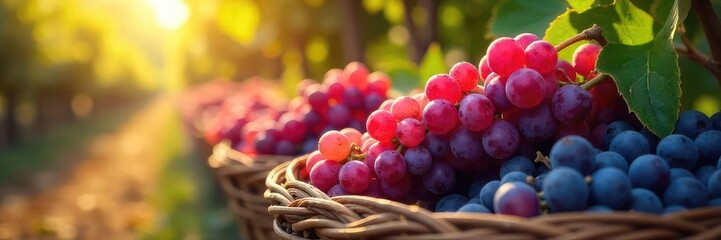 Sunlight streams through leaves onto overflowing baskets of ripe, purple grapes during the autumn harvest  Ready for winemaking, the bounty is vibrant and plentiful , juicy, grape harvest