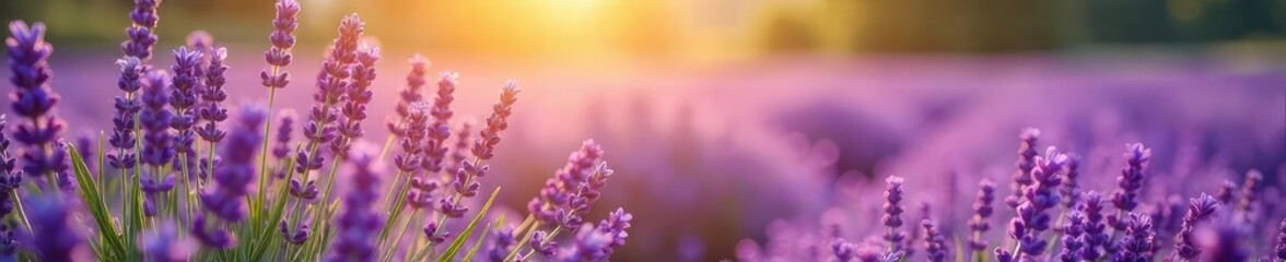 Vast field of purple lavender flowers swaying gently in the breeze, bathed in golden sunlight A tranquil and idyllic summer scene perfect for relaxation and meditation , purple flowers, violet