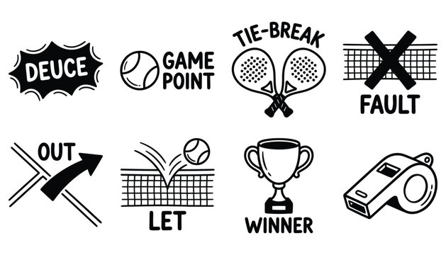Padel Scoring and Rule Vocabulary Doodle Icons Set