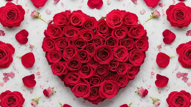 Zooming camera closing in over white textured table, showing red rose heart, petals, pink confetti