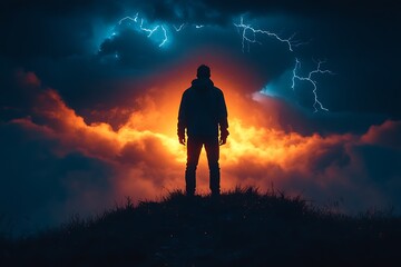 Obraz premium Silhouette of a Person Standing on a Hilltop Amidst Stormy Skies image photo