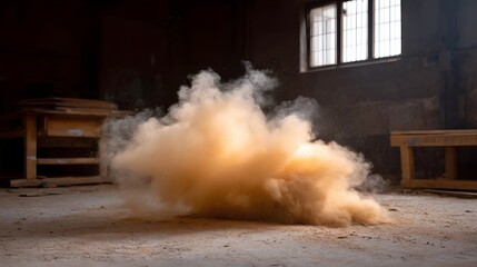 A dramatic cloud of orange dust erupts and swirls on the floor of an old workshop