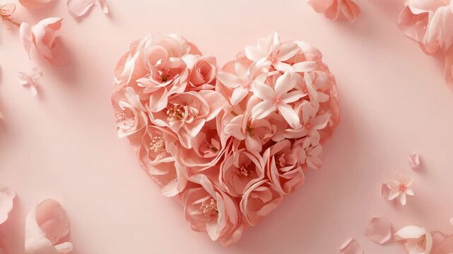 Zooming camera capturing heart-shaped pink rose cluster on pale pink surface, highlighting petals