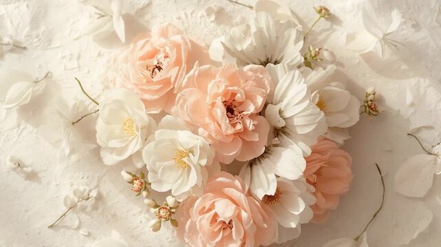 Starting slow zoom, camera showing pale peach roses and white daisies on cream paper for detail