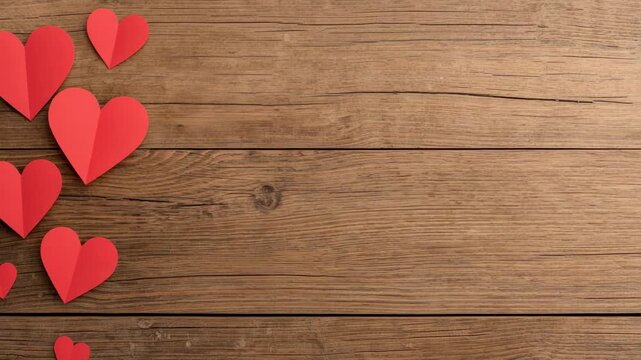 Showing framing and lighting shifting, left red paper hearts lying flat on wood planks, copy space