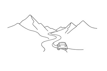 "Mountain summer road trip". Minimalistic one-line drawing car driving through mountain pass with winding road