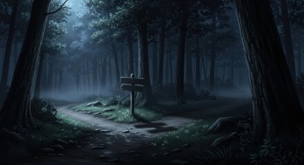 Imposing dark woods reveal a diverging earthen path near a wooden directional marker