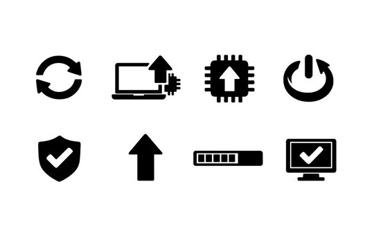 System upgrade symbols. Filled icon set of System upgrade symbols: system refresh, OS upgrade, firmware update
