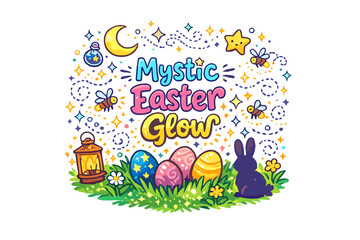 Fototapeta premium Mystic Easter Glow. Hand-drawn doodle illustration of Mystic Easter Glow. Luminous Easter eggs, night sky,