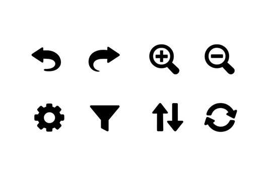 Action Toolbar. Filled icon set of Action Toolbar: undo, redo, zoom in, zoom out, settings, filter, sort,