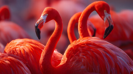 Close-up photo of a group of pink flamingos standing together in their natural environment.  made with generative AI