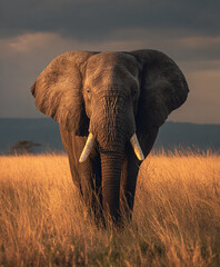 Majestic African elephant walking through golden savanna landscape at sunset.  made with generative AI