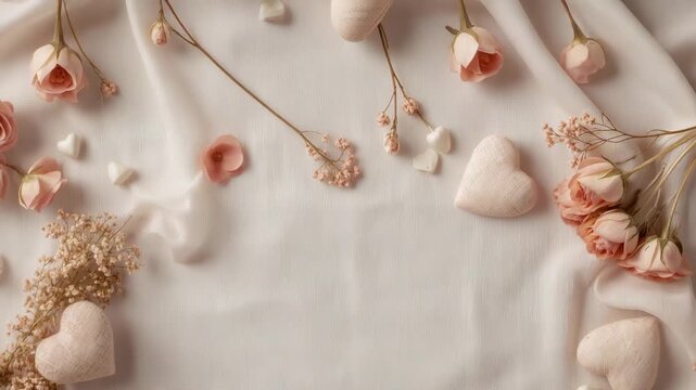 Shifting camera revealing flatlay on cream fabric, showing heart soaps and blush roses for display