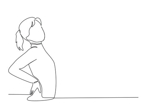 Continuous one line art drawing of woman riding Woman feeling discomfort, holding her lower back. Editable stroke.