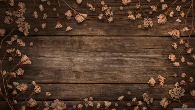 Playback starting worn plank on studio flatlay showing dried blooms drifting and petals settling
