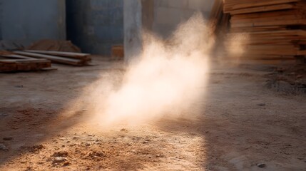 Sunlight illuminates a golden cloud of dust swirling dynamically on the ground of a construction site with stacked lumber