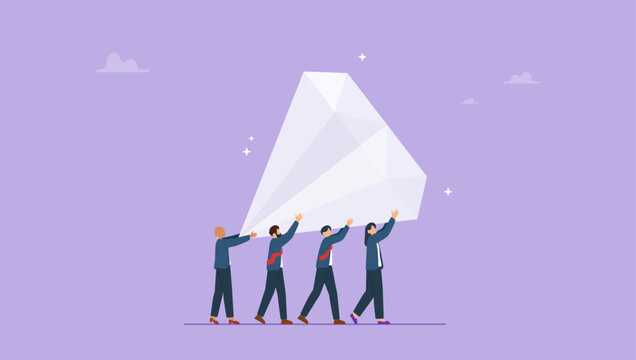 Diverse business people employees help carry big valuable diamond. Core value or value proposition, CLV customer lifetime value or company valuation, profit or corporate worth.