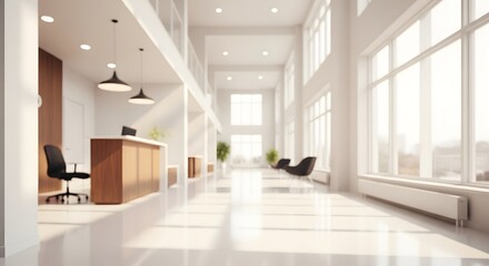 Modern office lobby with bright background and large windows