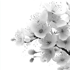 Ethereal grayscale cherry blossom illustration on a clean white background. made with generative AI