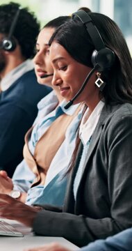 Call center, support or people in office with headset, lead generation or customer service in crm management. Telemarketing, coworking or agents with tech, outbound contact or feedback in help desk.