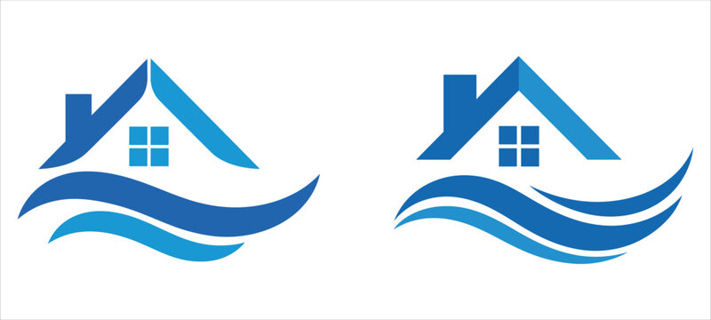 Modern house logo with blue waves and gradient effect vector illustration.