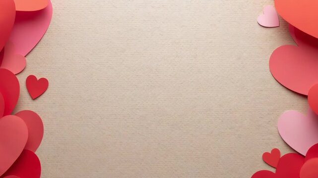 Shifting frames revealing beige paper negative space on table, with layered paper hearts at edges