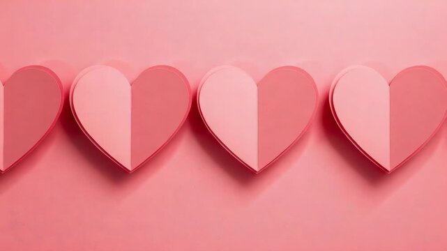 Panning camera centering row of layered paper hearts on pink table, revealing rightmost heart