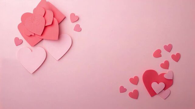 Camera framing paper hearts on pink backdrop with stacked cluster and confetti for text, copy space