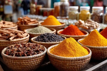 Fototapeta premium Colorful Spices Displayed in Woven Baskets at a Market