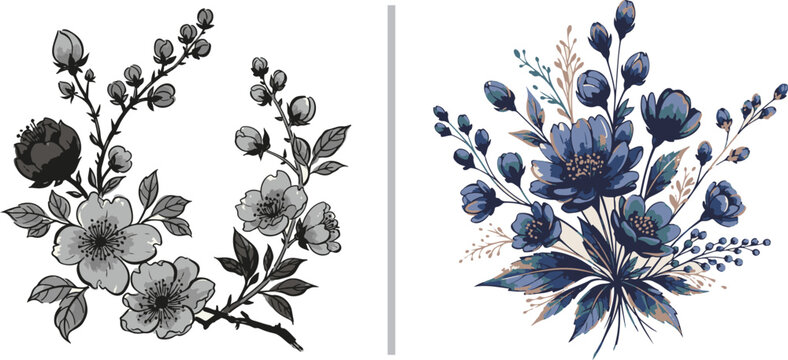 Hand-drawn botanical vector set featuring detailed black and white cherry blossom branches alongside a vibrant blue floral bouquet with elegant gold line-art accents and delicate budding stems.
