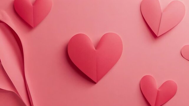 Gliding camera making right drift and zoom, emphasizing central folded pink heart on craft table
