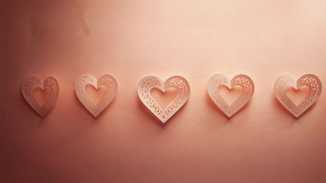 Frames shifting and light changing over five filigree paper hearts on studio set, revealing detail