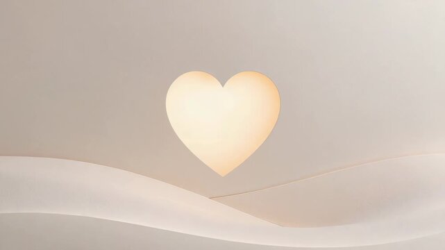 Looping pulsing cream heart breathing on beige backdrop as splash screen, ribbons shifting