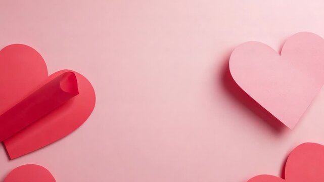 Panning camera shifting paper hearts right on pale pink sheet, curled heart casting shadow