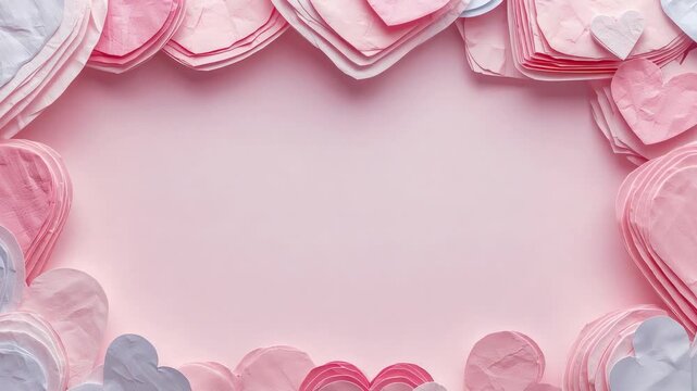 Framing by camera, heart cutouts forming border around pale pink center in studio creating backdrop