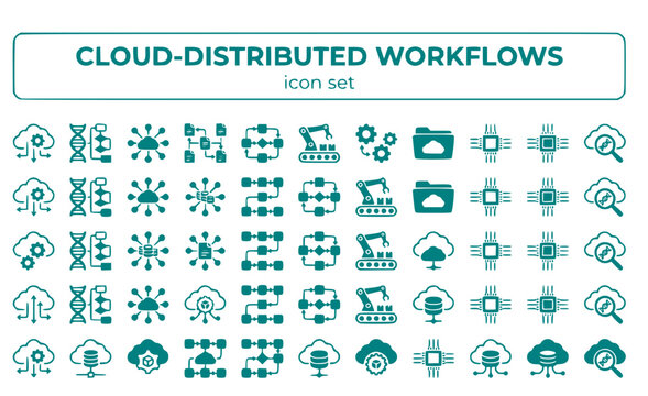 Cloud-Distributed Workflows Genomics Bioinformatics Pipeline Computing Data Processing Analysis Automation Vector Icon Set - Cloud Computing