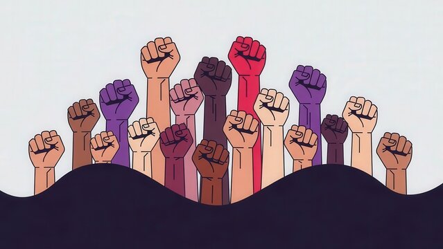 Diverse hands raised in solidarity.