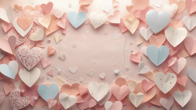 Zooming camera revealing paper heart border on studio table, light sweep highlighting blank center