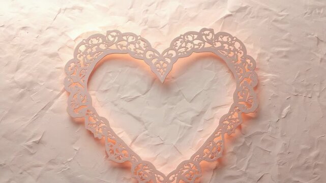 Moving warm light and zooming camera lighting paper lace heart on crumpled paper to reveal texture