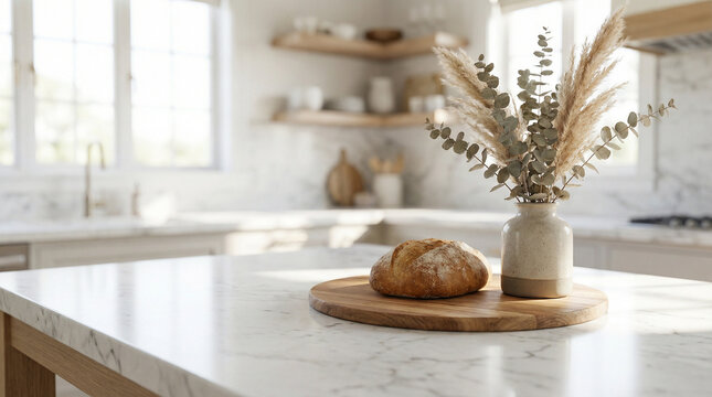 Bright modern kitchen interior with a fresh artisan bread loaf on a white marble island. Elegant dried pampas grass in a vase creates a cozy, minimalist, and inviting home atmosphere