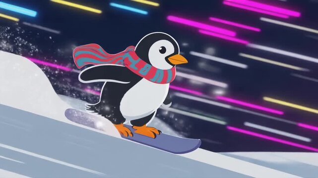 Cute Penguin Skiing Down Slope At Night Animated Winter Sport Scene