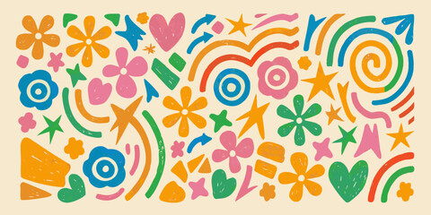 Naklejka premium Colorful abstract pattern with flowers stars and swirling shapes