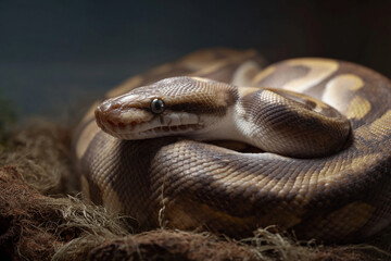 Fototapeta premium Majestic ball python coiled on a naturalistic background.