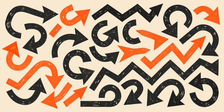 A chaotic arrangement of black and orange arrows in a repeating pattern