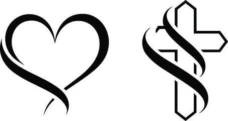 Obraz premium Minimalist black vector silhouette set of an elegant flowing ribbon heart and an intertwined Christian cross, symbolizing eternal faith, spirituality, and divine love.